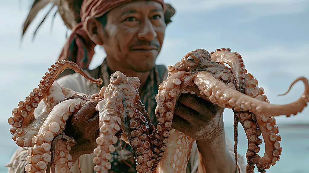 Un pulpo color naranja sobre el fondo arenoso del mar, con los tentáculos extendidos.